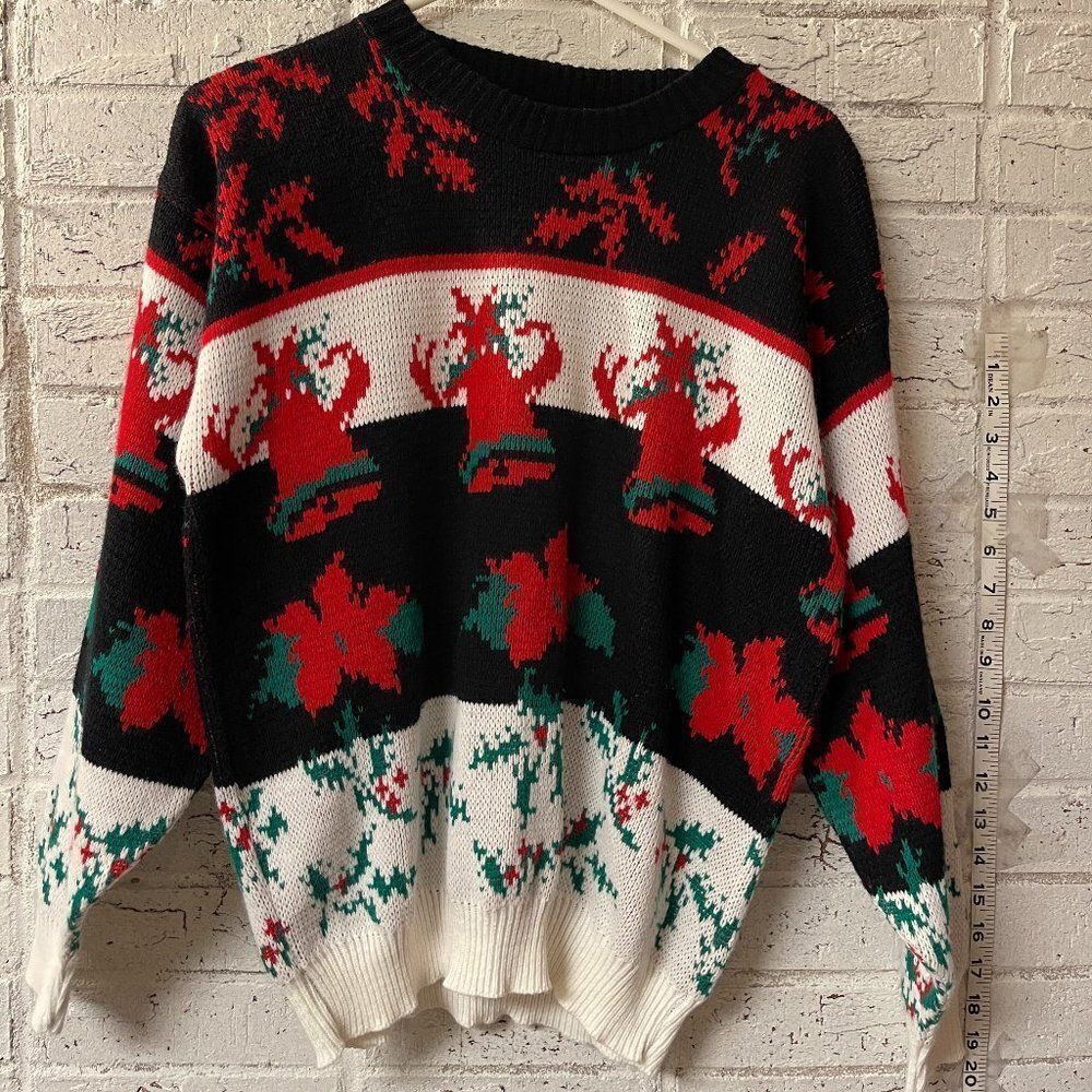 Holiday Sweater, Black White & Red w Holly, Bells, Vintage 80's Sweater Small